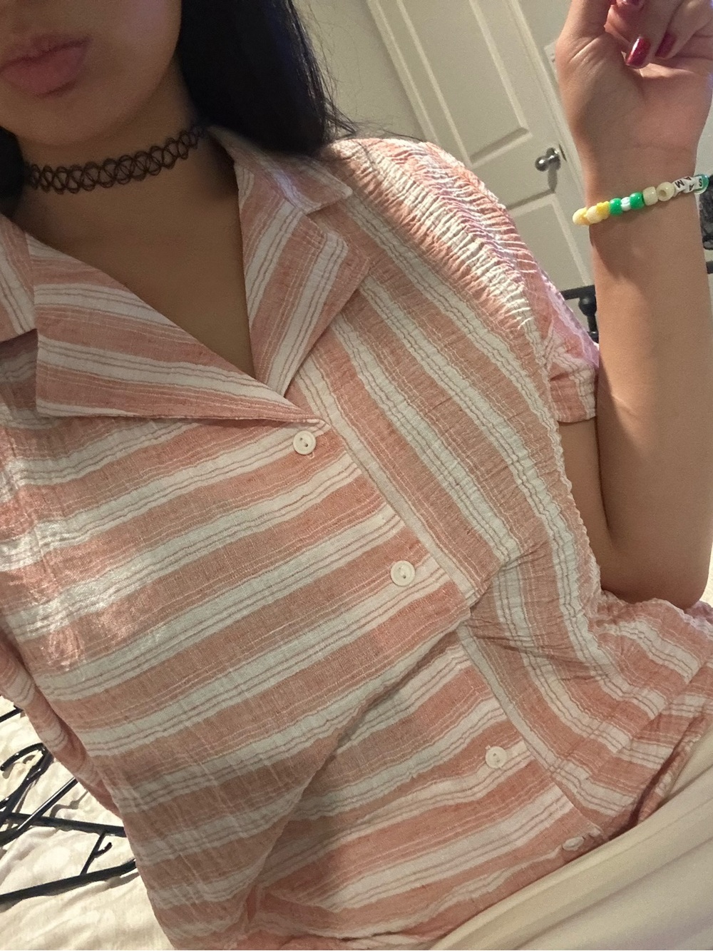 Women's Pink and White Striped Button-Down Shirt